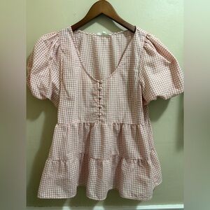 Pink Gingham Puff Sleeve Blouse